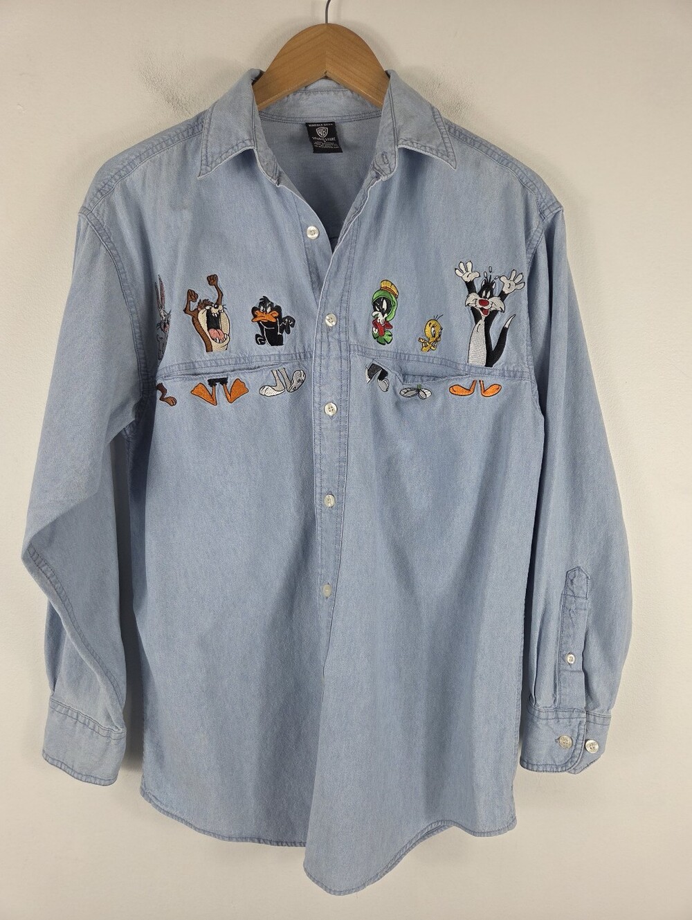 Vintage 90s Warner Brothers Looney Tunes Embroidered Button Up Chambray Shirt